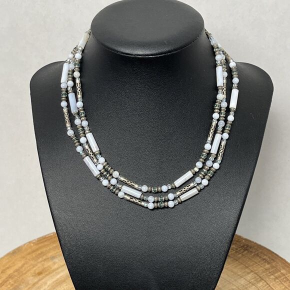 Michal Golan 3 Strand White Silver Beaded Necklace Vintage Style - Picture 2 of 6